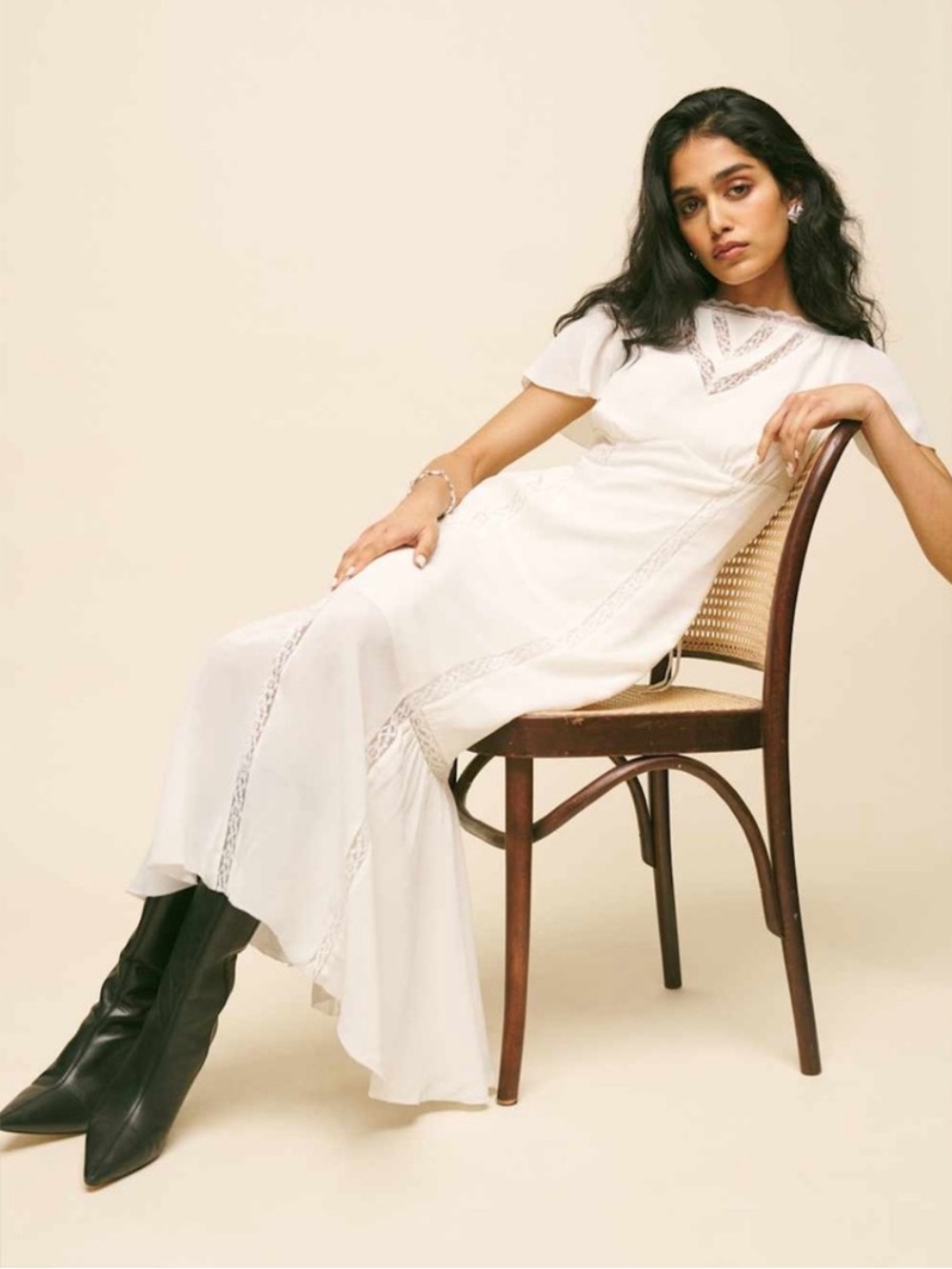 Reformation Domini Lace Detail Short Sleeve Midi Dress Off White Size 0